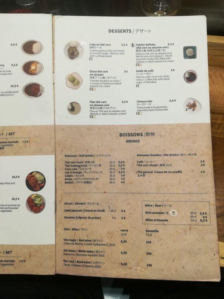 Menu ristorante giapponese Kintaro a parigi