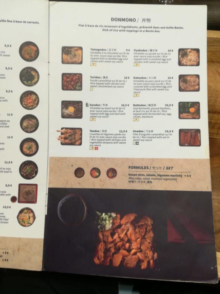 Menu ristorante giapponese Kintaro a parigi