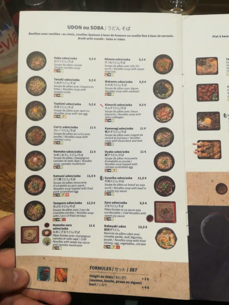 Menu ristorante giapponese Kintaro a parigi